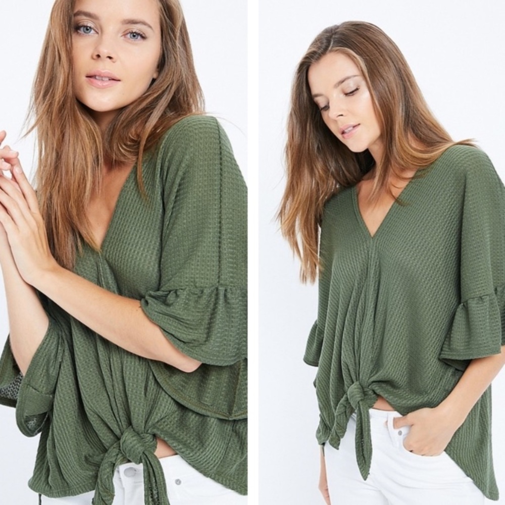 Flutter bell sleeve waffle knit tiefront Vneck top